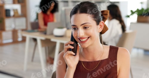Preview: Phone call, smile and businesswoman in office with communication for client feedback on creative