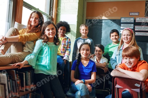 Preview: Children, group portrait and happy in classroom for lesson, academic development and education