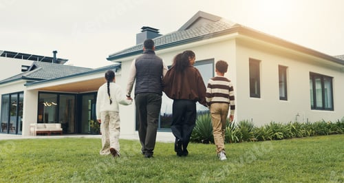 Preview: Outdoor, walk and family holding hands by new home for fresh start, real estate investment and care