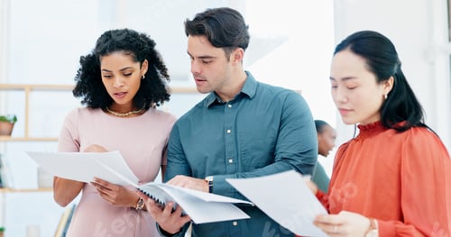 Preview: Documents, meeting and reading with team for business strategy, briefing or schedule in office