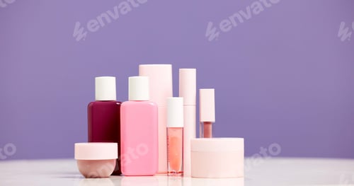 Preview: Makeup, container and product range in studio for beauty aesthetic, skincare routine and marketing