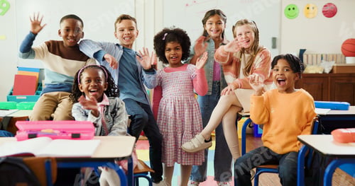 Preview: Education, portrait and children with wave in classroom together for learning
