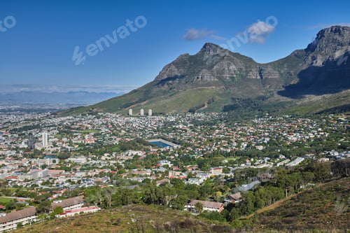Preview: City, blue sky and landscape with mountain in nature for environment, holiday destination