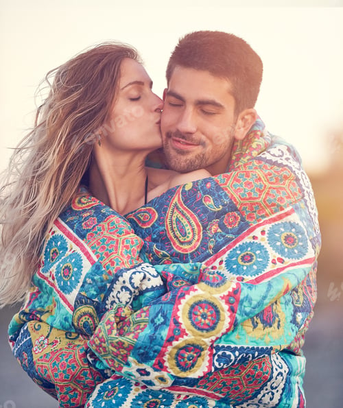 Preview: Outdoor, blanket hug and happy couple with kiss, romantic holiday and anniversary trip for bonding