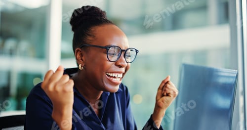 Preview: Celebration, fist pump and black woman with laptop in office for funding goal