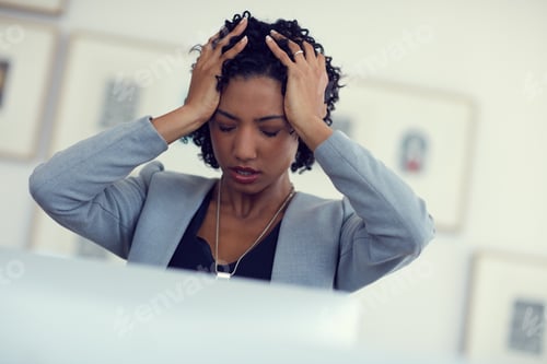 Preview: Business, woman and stress in office with computer, headache and email for bankruptcy notification
