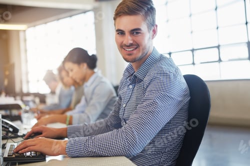 Preview: Happy, computer and portrait of businessman in office for career, online proposal