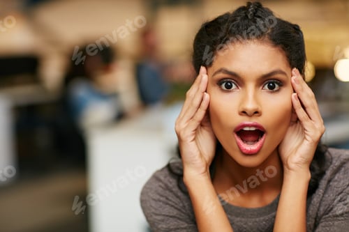 Preview: Woman, surprise and portrait at startup in office, shock and good news with bonus at media company