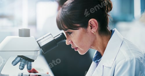 Preview: Science, study or woman in lab with microscope, investigation or examination in biochemistry