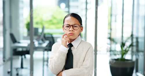 Preview: Business girl, portrait and kid thinking with decision for company play or junior internship
