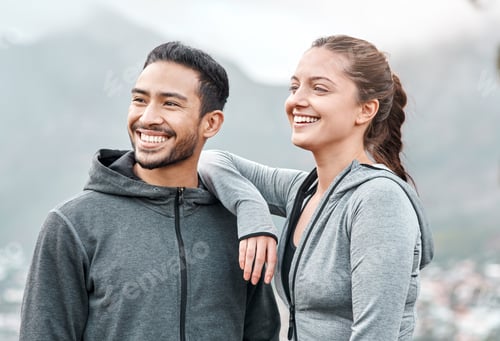 Preview: Relax, laugh and fitness with couple in nature for cardio challenge, bonding and workout