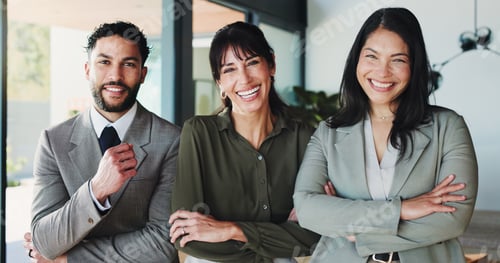 Preview: Portrait, group and business people with arms crossed in office, pride or funny real estate agents