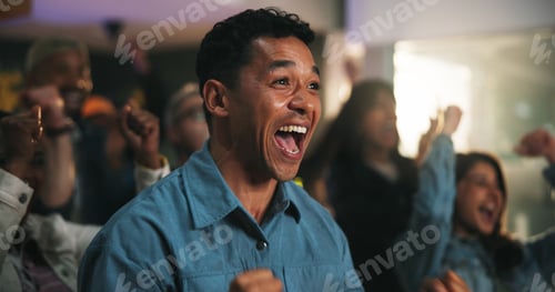 Preview: Fans, man and shouting with celebration in pub for match goal, public screening and entertainment