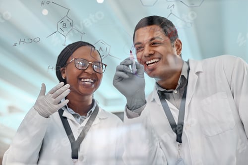 Preview: Scientist, people and writing on glass wall with formula, plan or problem solving for medical