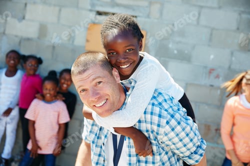 Preview: Portrait, piggyback and man with girl, community outreach and children with support