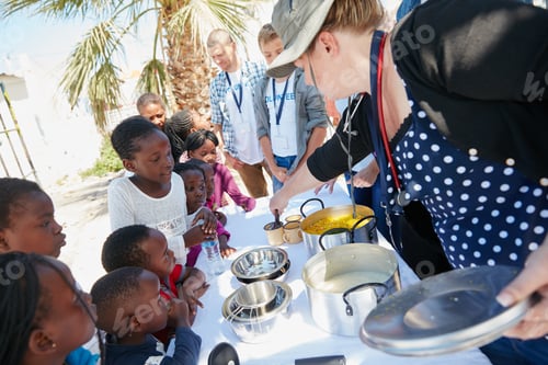 Preview: Food drive, dish and children outdoor for community service, charity or volunteering