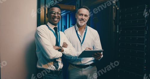 Preview: Portrait, tablet and men in server room, programming and teamwork with inspection