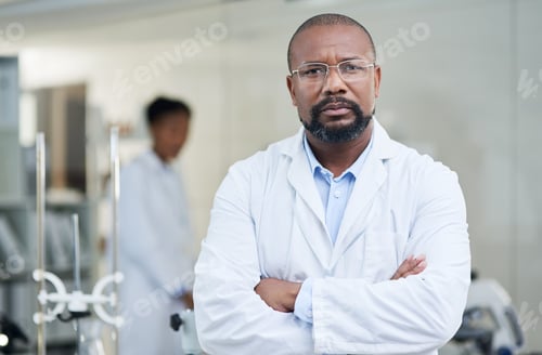 Preview: Portrait, scientist and man in laboratory with confidence, research and development with glasses
