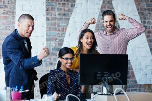 Preview: Success, happiness or people in office with computer, good news and victory for group report