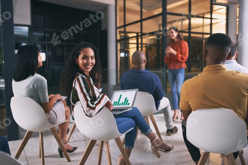 Preview: Portrait, audience and woman with laptop screen for seminar, productivity workshop and sales stats