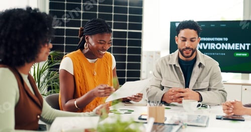 Preview: Collaboration, documents and solar energy with business people in office for sustainability