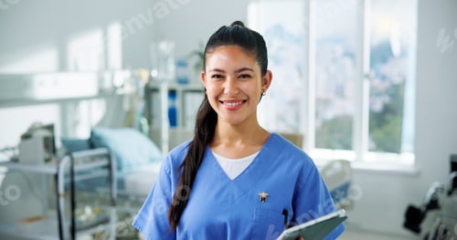 Preview: Hospital, nurse and portrait of woman with tablet for patient review, schedule and medical report
