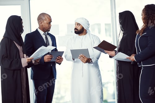 Preview: Tablet, research and meeting with business people in office at conference for global advisor