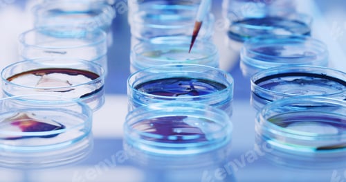 Preview: Petri dish, colorful samples and science with medical research, biology and virus with chemistry