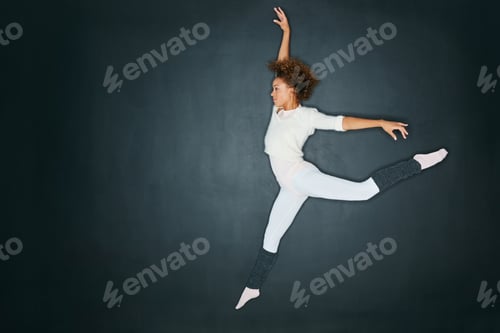 Preview: Ballet, jump and space with dancer woman in studio for choreography practice or rehearsal