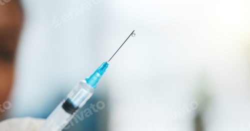 Preview: Drop, hand and doctor of syringe in hospital for vaccine, virus prevention and immune protection