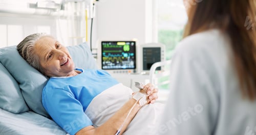 Preview: Senior woman, doctor and discussion in hospital bed, rest and happy for recovery