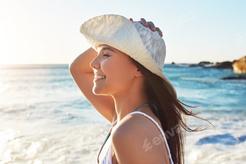 Preview: Blue sky, smile and sunset with woman on beach in summer for holiday break, travel or vacation