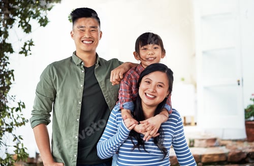 Preview: Portrait, child and happy parents outdoor by home for connection, care and support with daughter