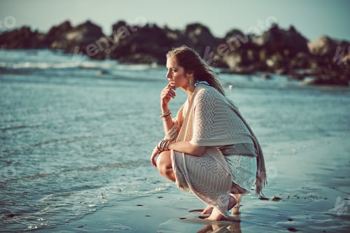Preview: Relax, boho or girl with thinking at beach for holiday adventure, nature appreciation