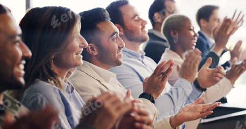 Preview: Seminar, audience and business people with applause for success, goal or target at workshop
