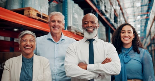 Preview: Team, portrait and happy with logistics at warehouse, synergy and solidarity with pride