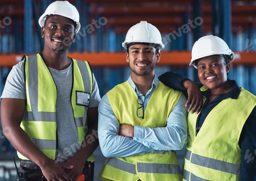 Preview: Happy people, portrait or building team in warehouse for storage maintenance or service