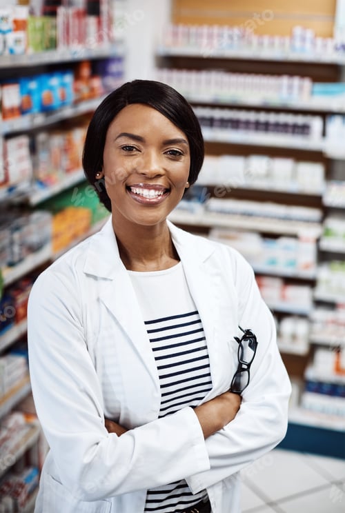 Preview: Happy, crossed arms and portrait of black woman at dispensary with confidence for career