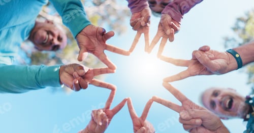 Preview: Senior people, hands and star for collaboration, solidarity or fitness support in outdoor park