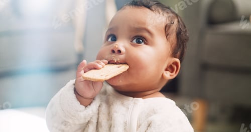 Preview: Food, cute and cookie with baby in home for teething biscuit, nutrition