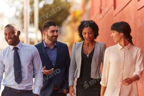 Preview: Talk, walk and business people in city for travel, work trip and commute for office meeting