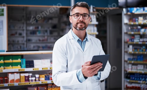 Preview: Medical, pharmacist and portrait of man with tablet for stock, medicine sales and healthcare