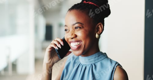 Preview: Happy, business and black woman with phone call in office for consultation