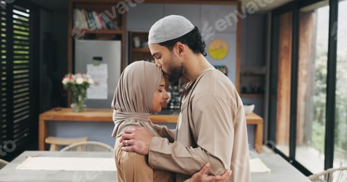 Preview: Love, forehead kiss and muslim couple in home with bonding, care and marriage together