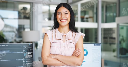 Preview: Happy woman, portrait and data analyst with confidence in office for software management