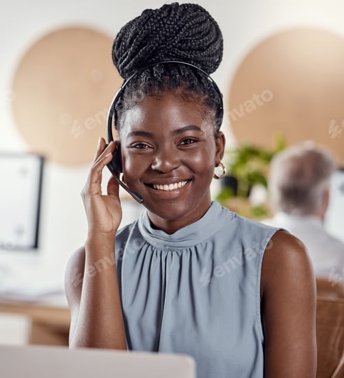 Preview: Headset, smile and portrait of businesswoman in office for call center, crm or online consultation
