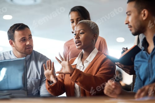 Preview: Laptop, idea and group with business woman in office for development, brand proposal and planning