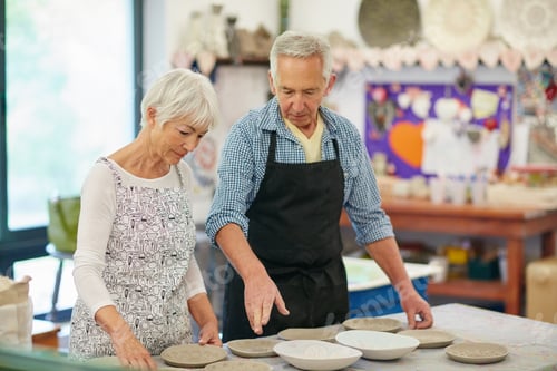 Preview: Creative, old couple and pottery in workshop, inspection or skills for production