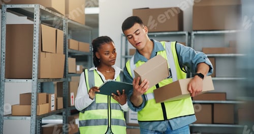 Preview: People, tablet and package for logistics at warehouse for label details