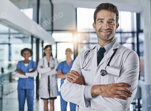 Preview: Hospital, doctor and portrait of man with smile, confidence and crossed arms for medical career